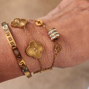 Four leaf clover roman numerals cubic zirconia set of 3 gold plated bracelets
